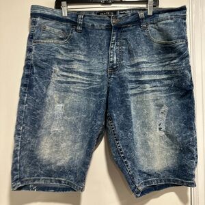 TRACK 23 Mens Sz34 Streetwear Distressed Blue Wash Denim Shorts Jorts Skinny Fit